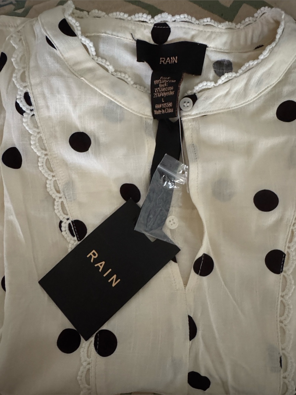 RAIN Polka Dot Button-Front Blouse in Ivory and Black NWT